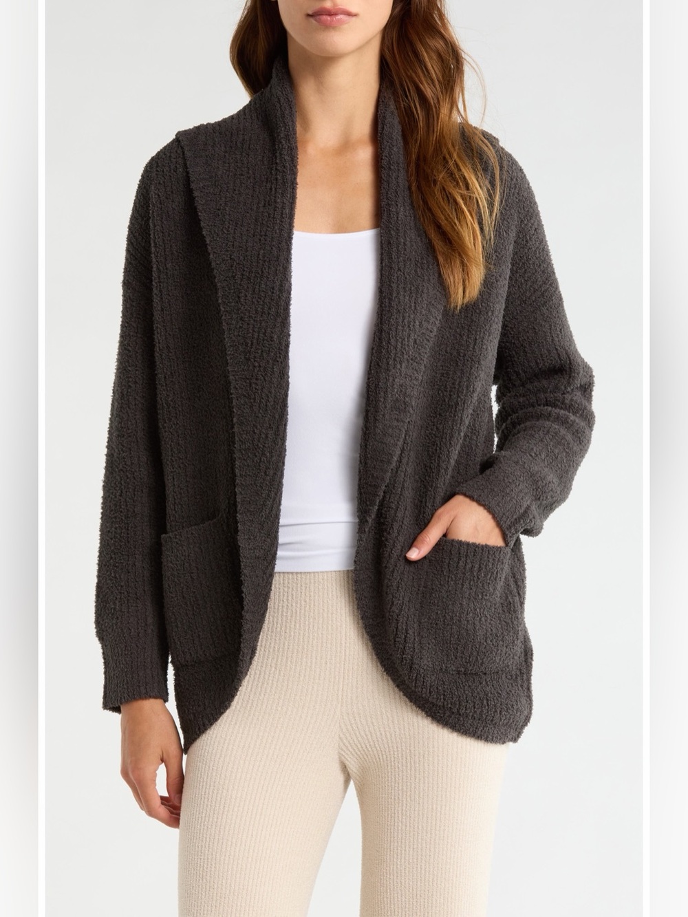 Barefoot Dreams CozyChic lite Shawl Collar Open Front Cardigan with Pockets  M